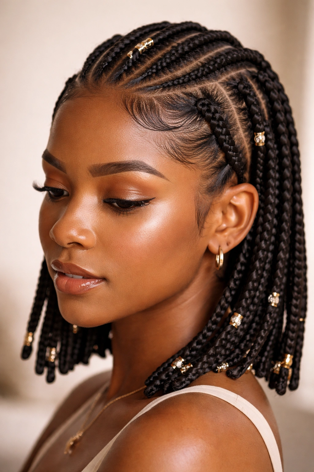 Close-up of neatly maintained Fulani braids on short hair with crisp edges and shine