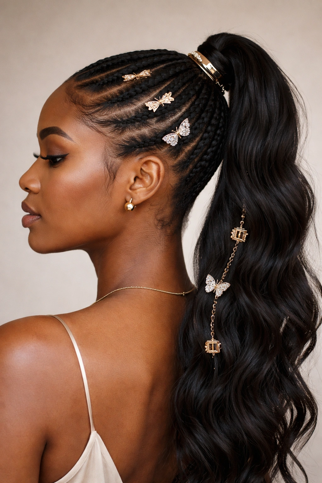 Ponytail with incorporated braids and clips along braids