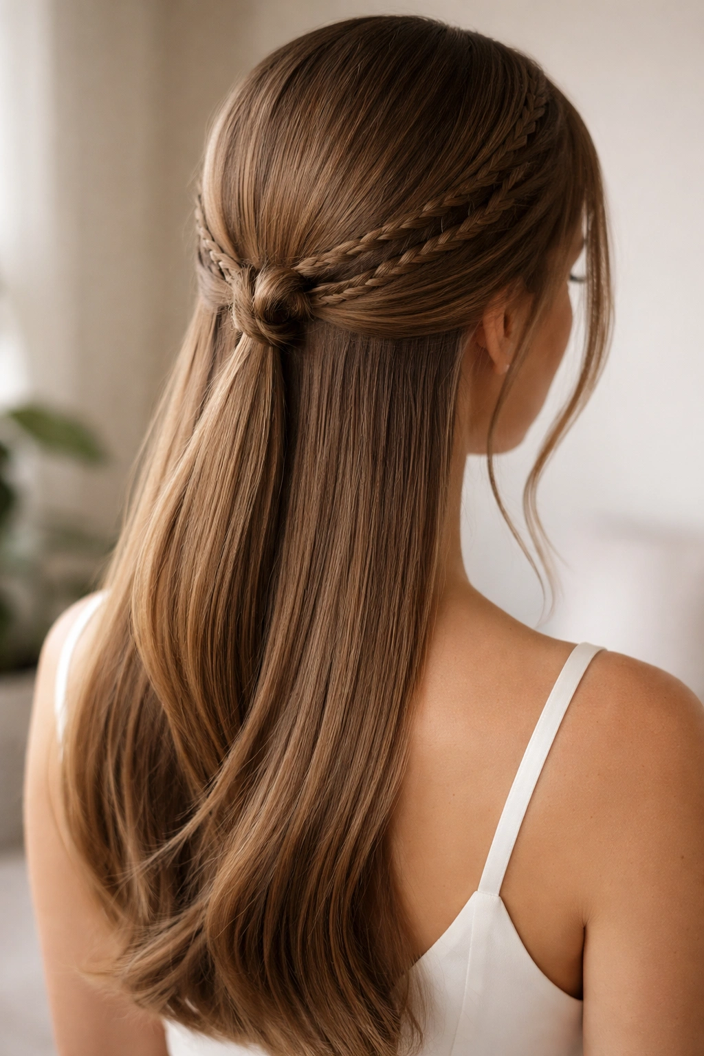 Straight hair with subtle braids incorporated into a low bun on a clean studio background