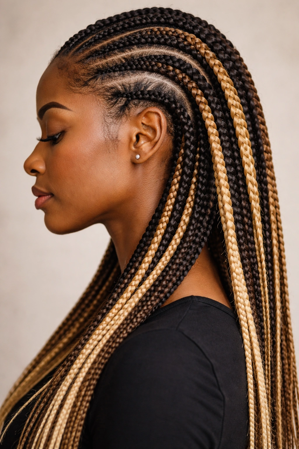 Close-up of braids with blonde synthetic hair woven into dark natural hair showing texture contrast