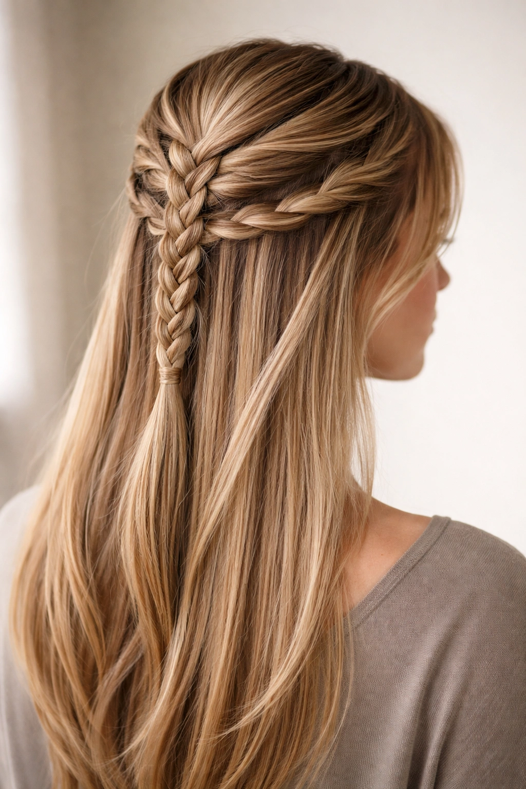 Close-up of half-up hairstyle with braided and twisted sections on straight hair