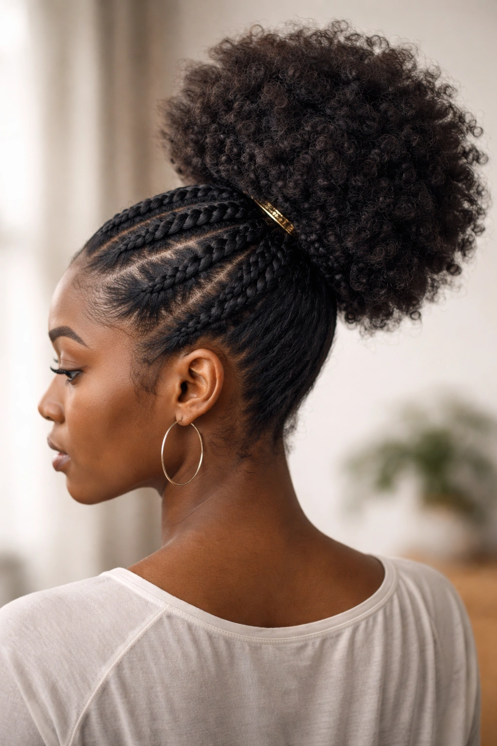 Braided base leading to a voluminous puff ponytail