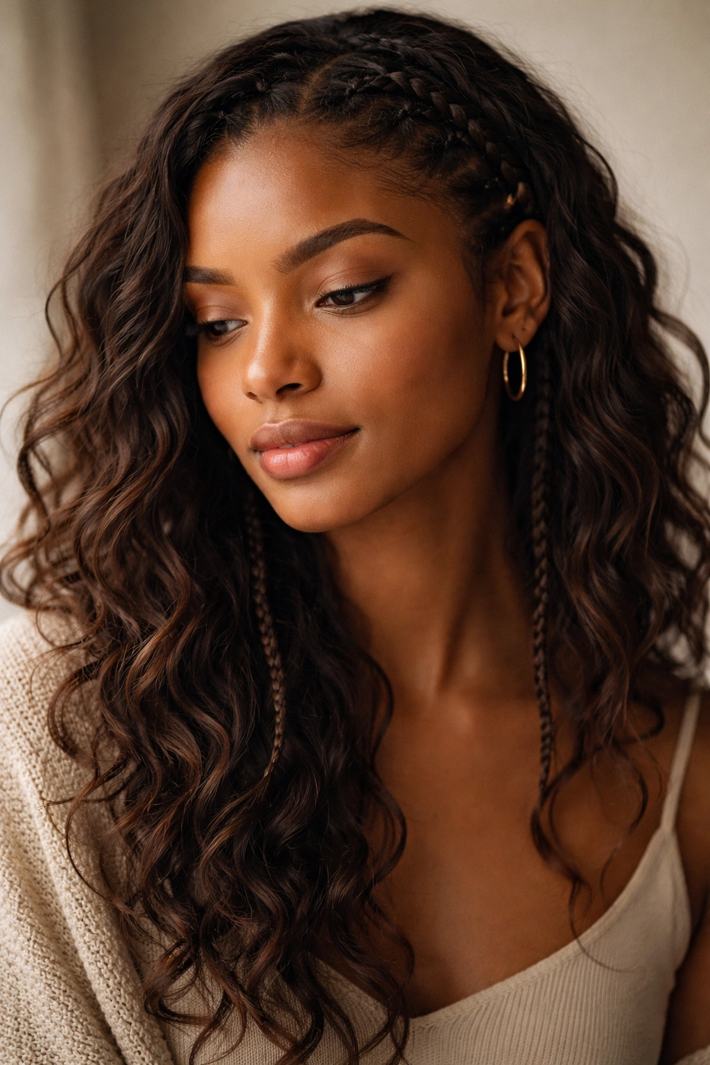 Contemplative portrait of a person with wavy hair and subtle braids in a soft studio, highlighting texture and movement