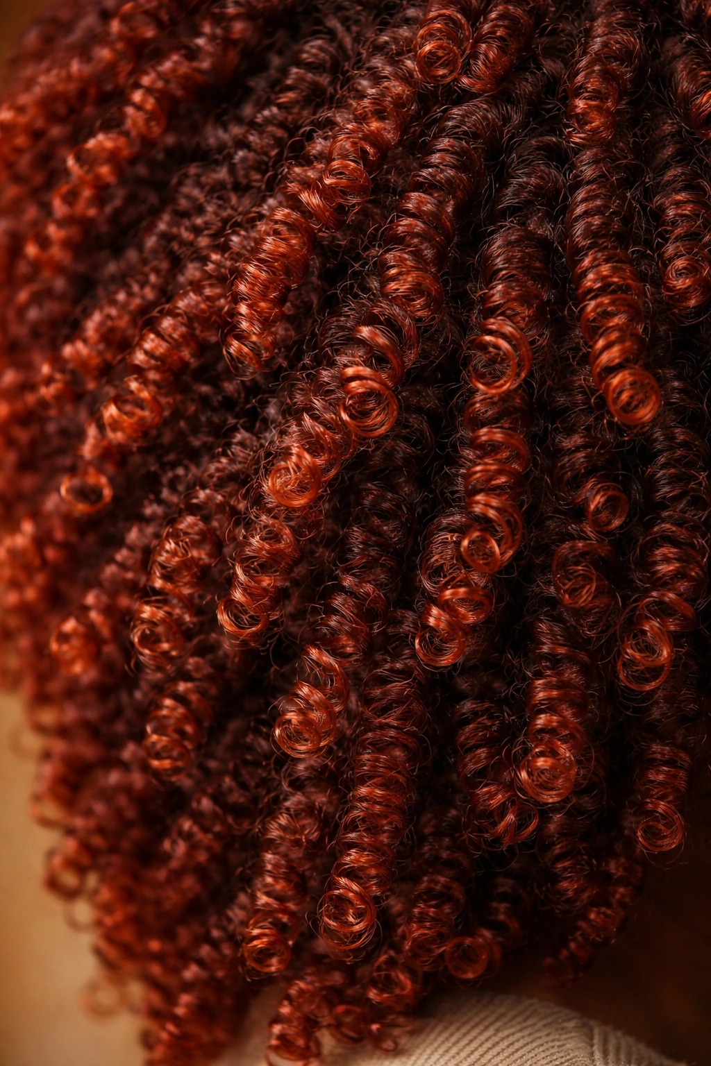 Close-up of coily hair in brick red with warm undertones