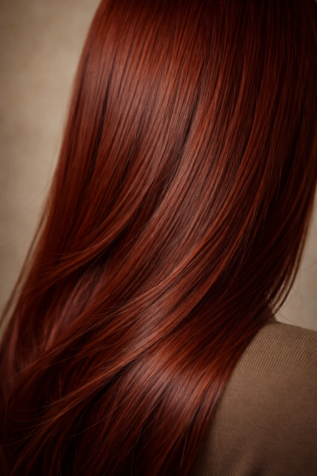 Close-up of straight brick red hair showing earthy warmth and depth