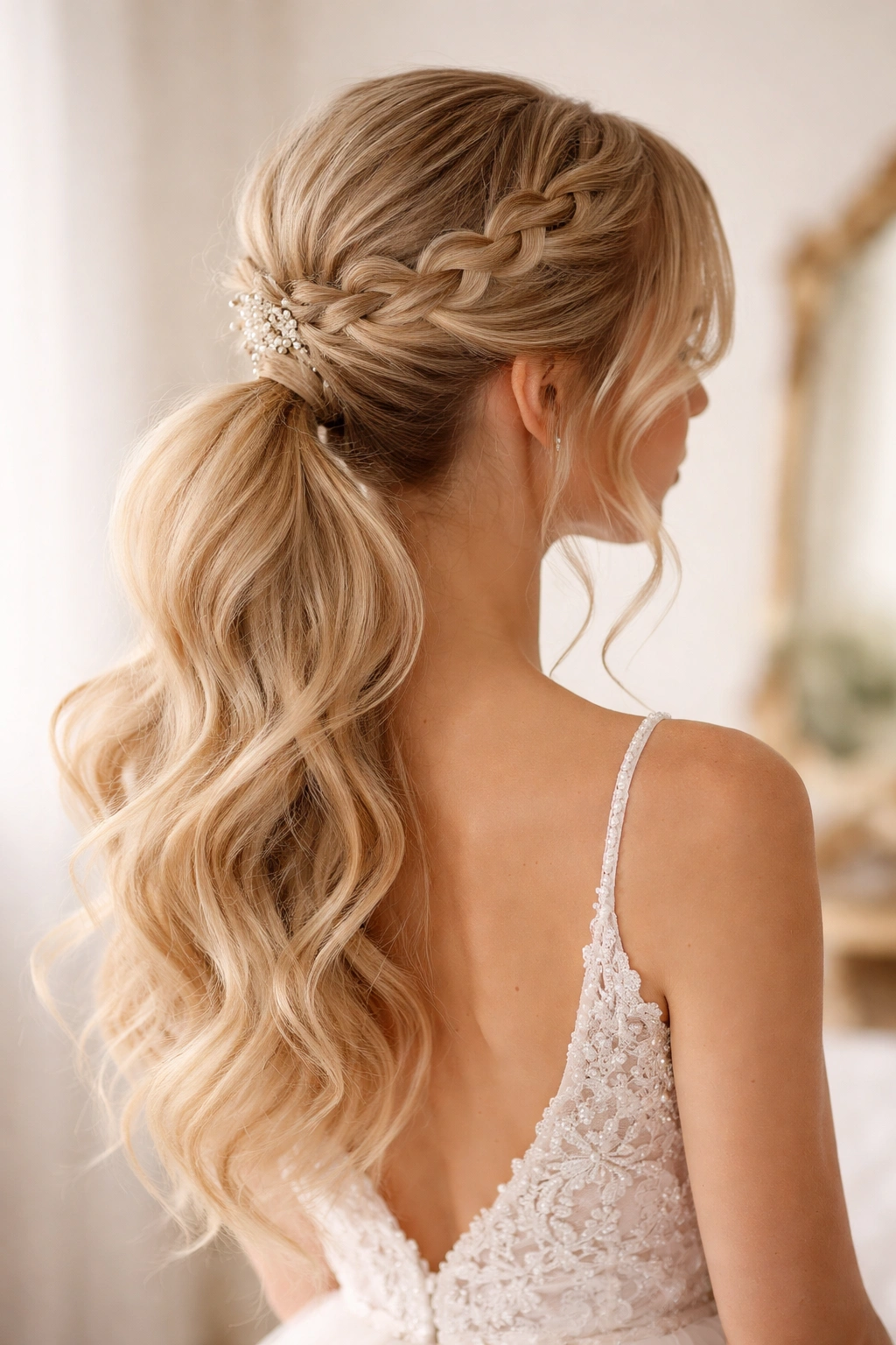 Romantic bridal-inspired braided ponytail with loose tendrils
