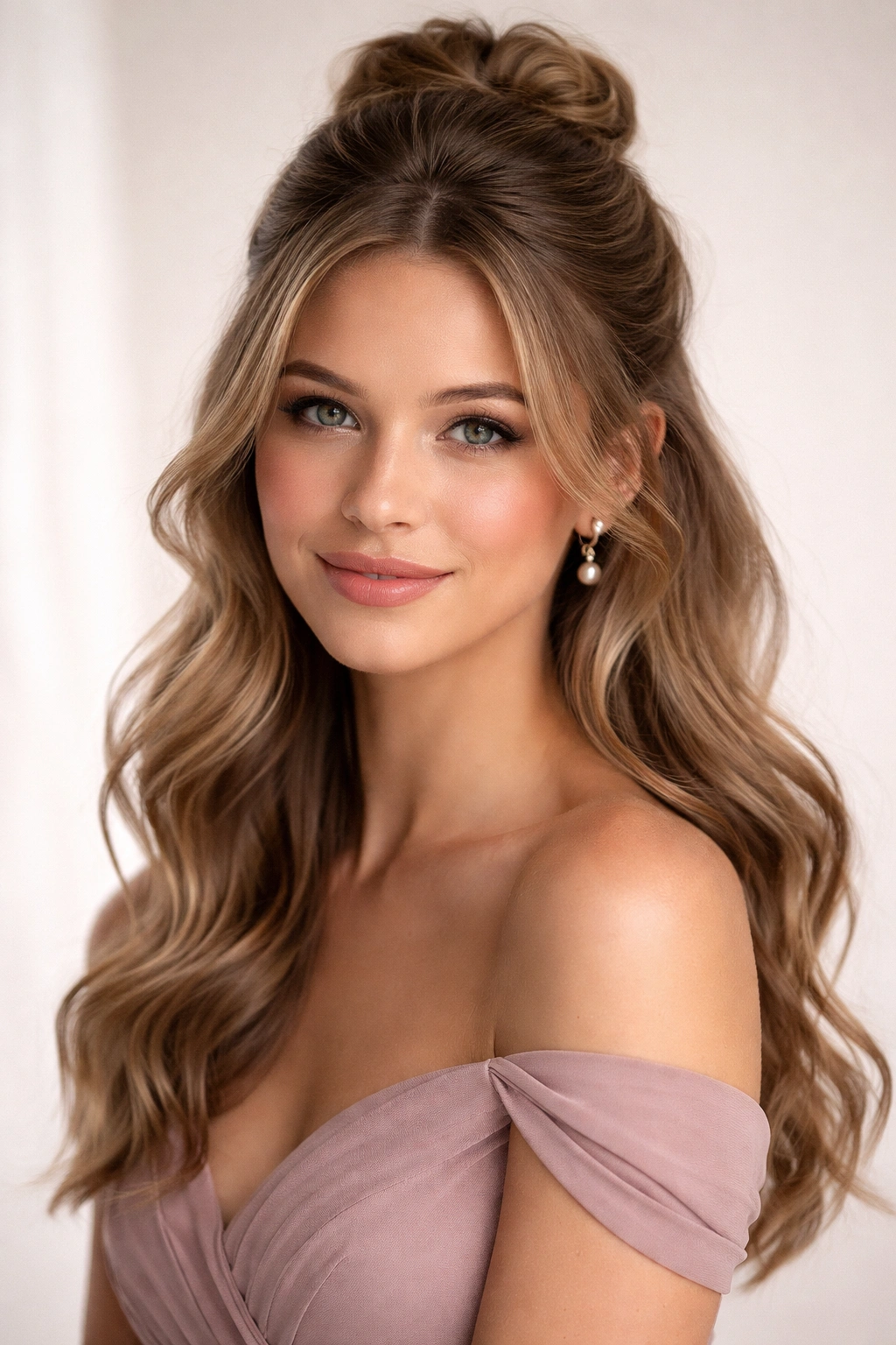 Close-up portrait of a bridesmaid with a half-up half-down bun and soft waves, studio lighting