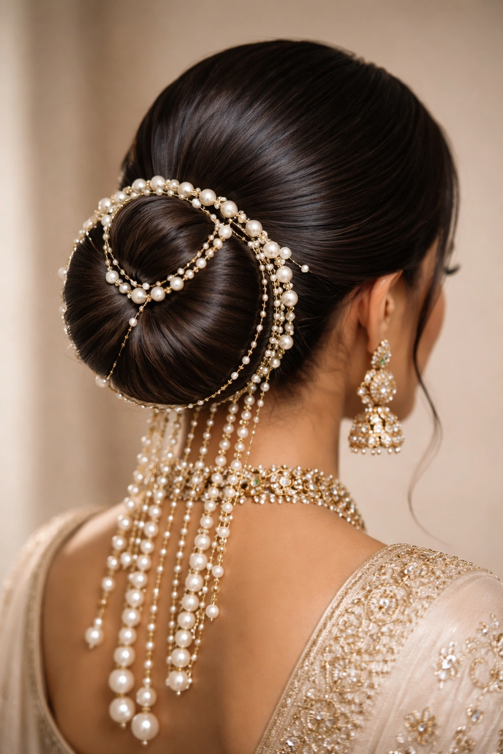 Close-up of a low bridal bun with pearl accents on glossy straight hair