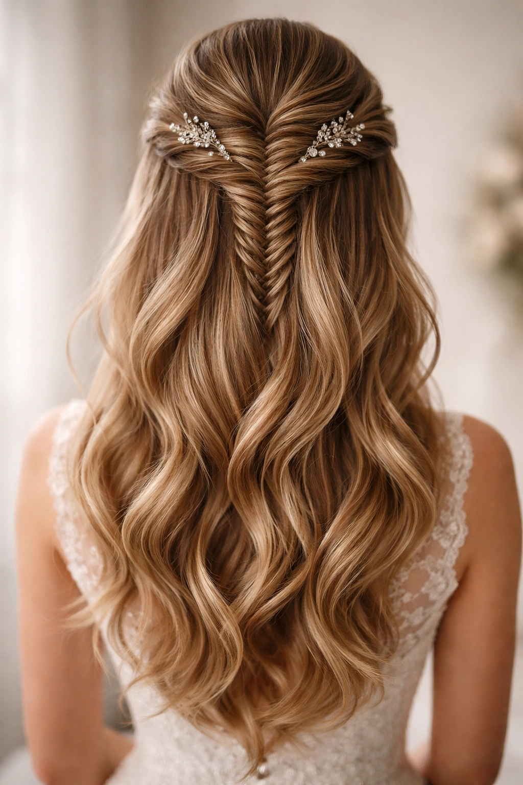 Close-up of a bridal fishtail half up half down hairstyle with crystal pins and soft waves