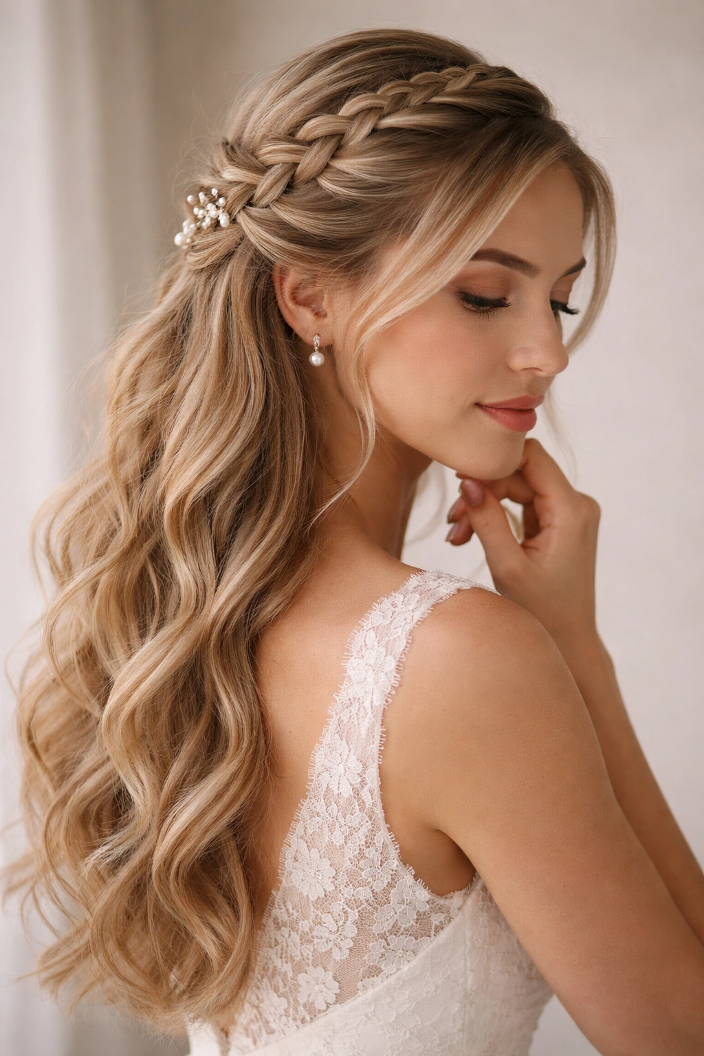 Close-up of a bride with a French braid half-up half-down under soft studio lighting