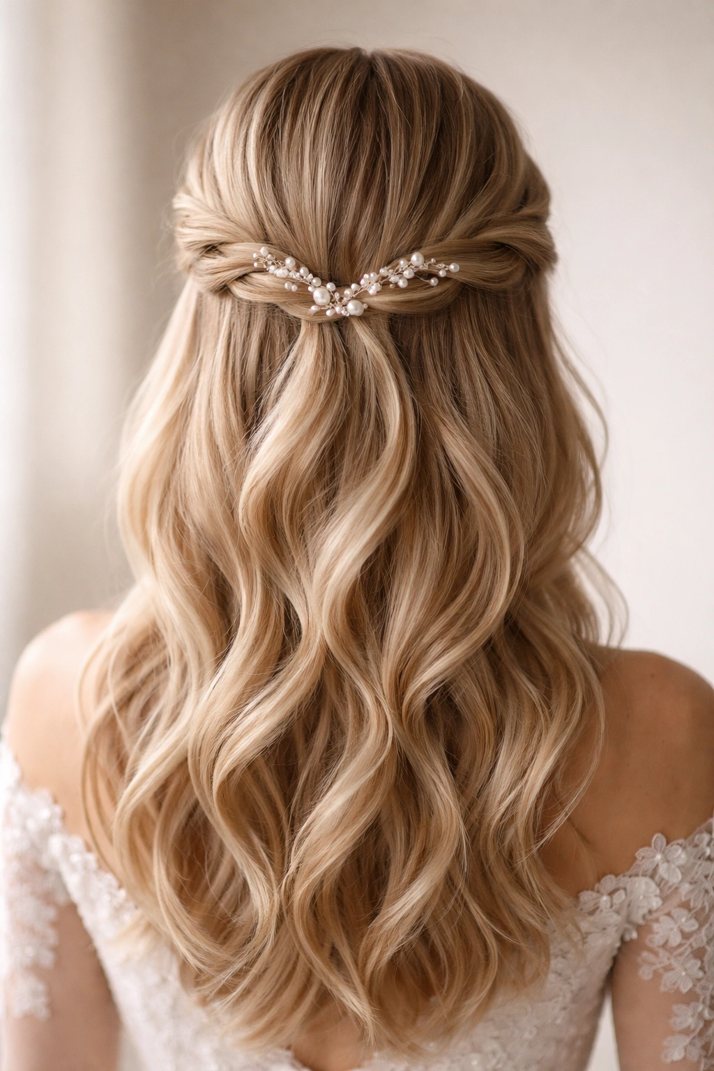 Close-up of classic twisted half-up hairstyle with pearl pins at crown