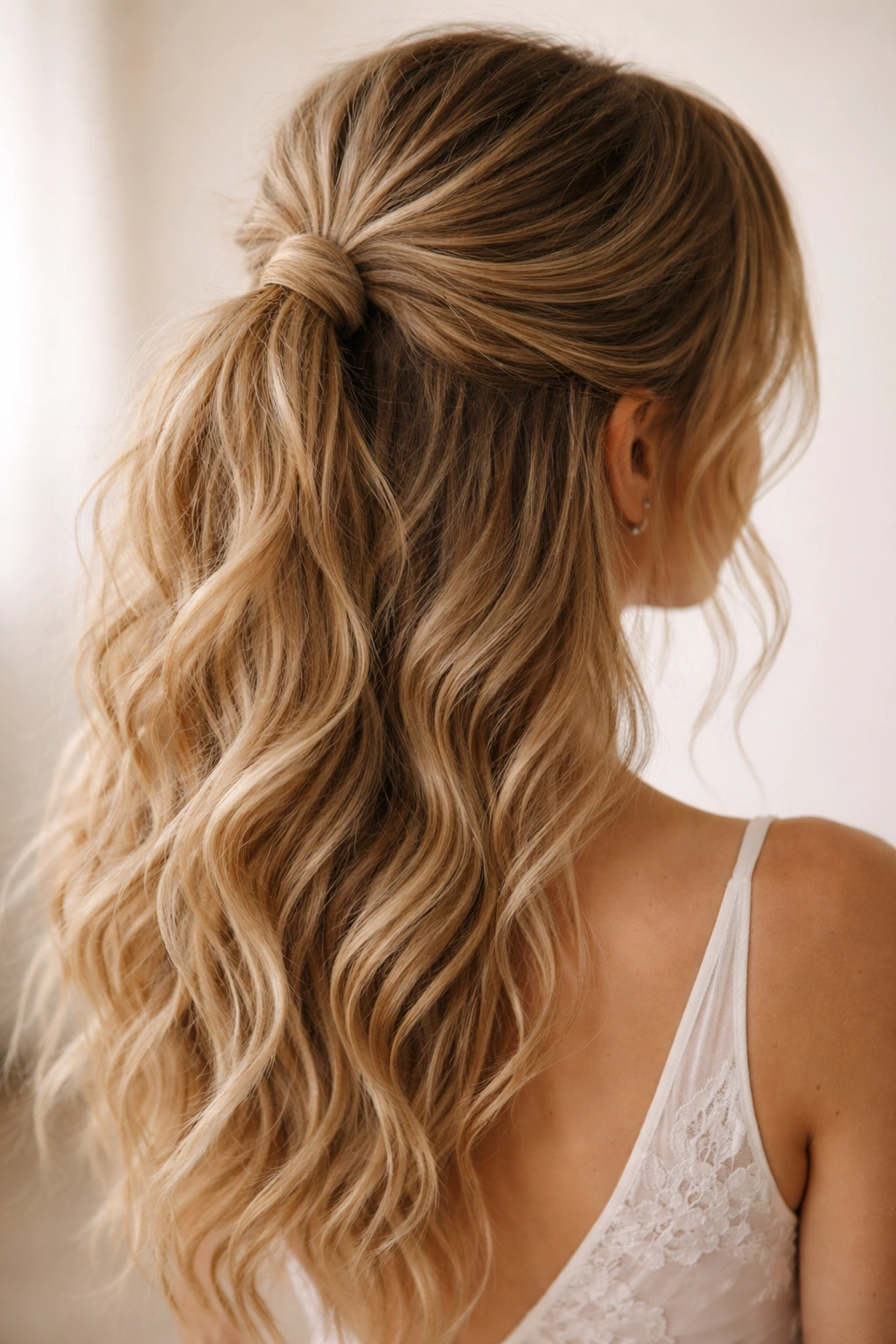 Close-up of a textured messy half-ponytail with loose waves and piece-y texture on a bridal look