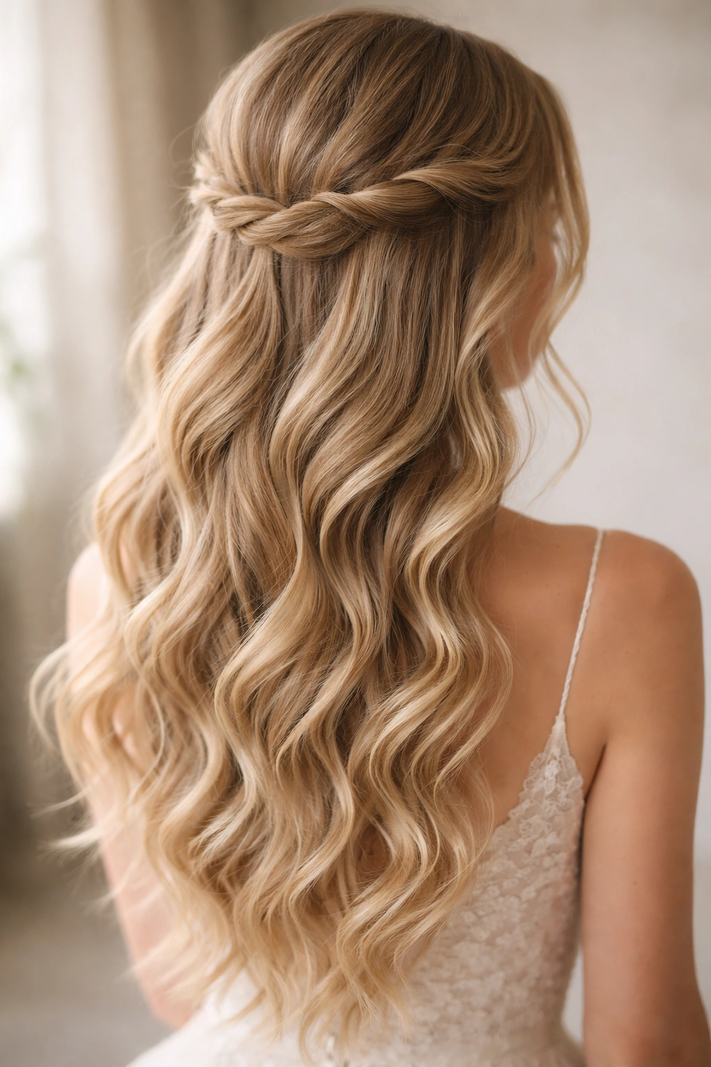 Close-up of a bridal hairstyle with a twisted crown and cascading waves