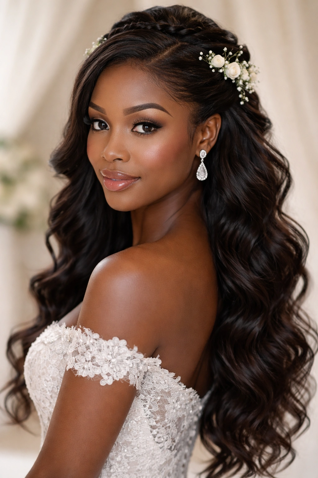 Wedding half up half down hairstyle with braids, soft waves, and floral accents