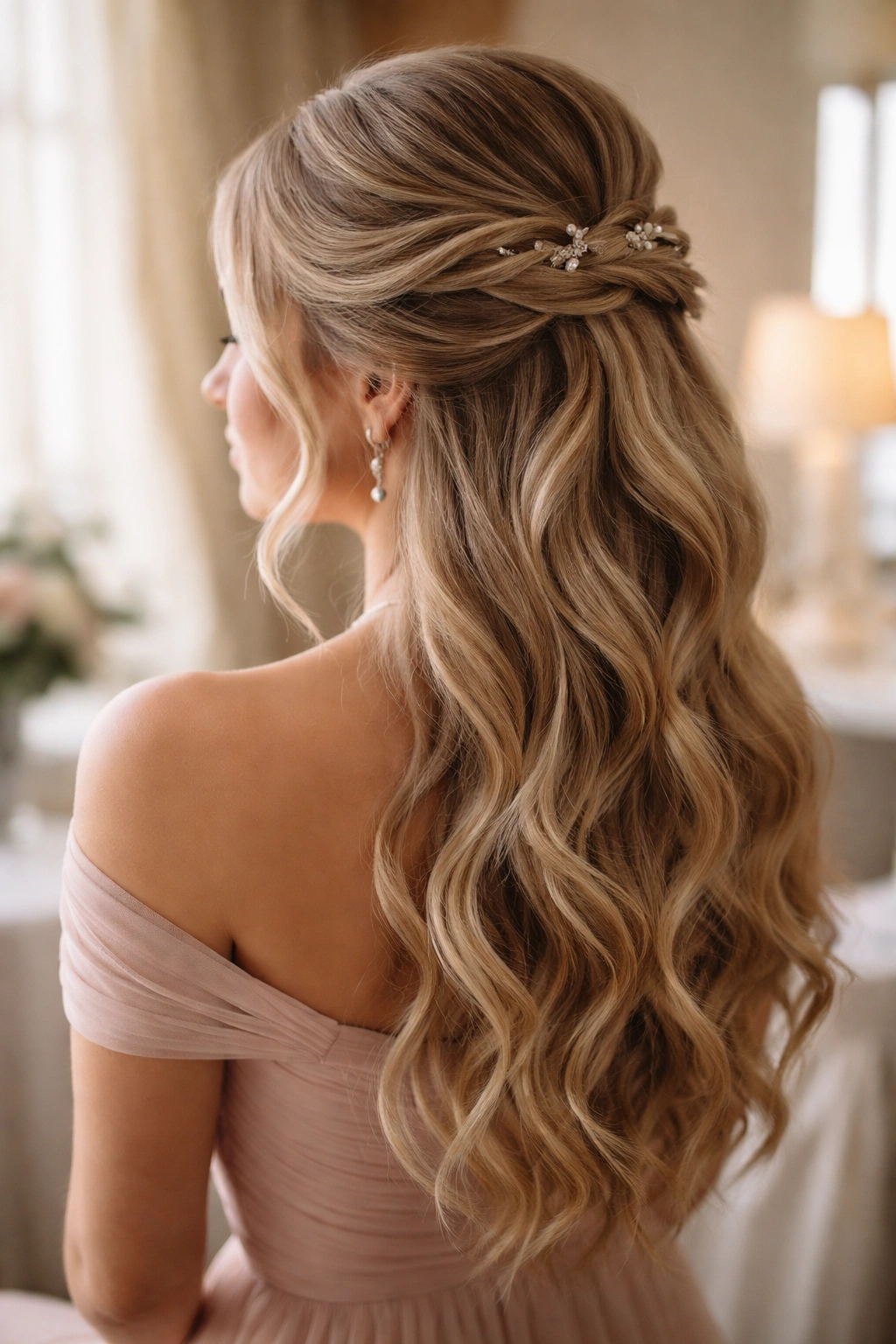 Close-up of a bridesmaid's half-up half-down hairstyle with loose waves and braid detail in soft getting-ready light