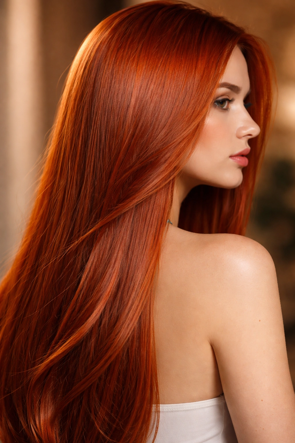 Straight hair in bright auburn copper with bold red undertones