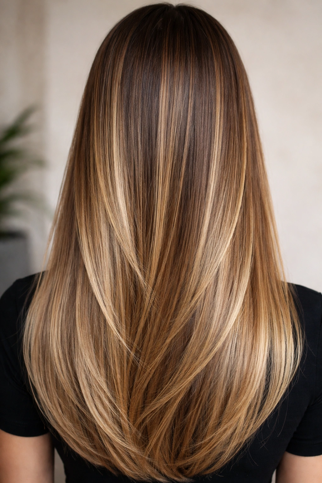 Close-up of straight hair with bronde balayage blend showing seamless brown and blonde tones