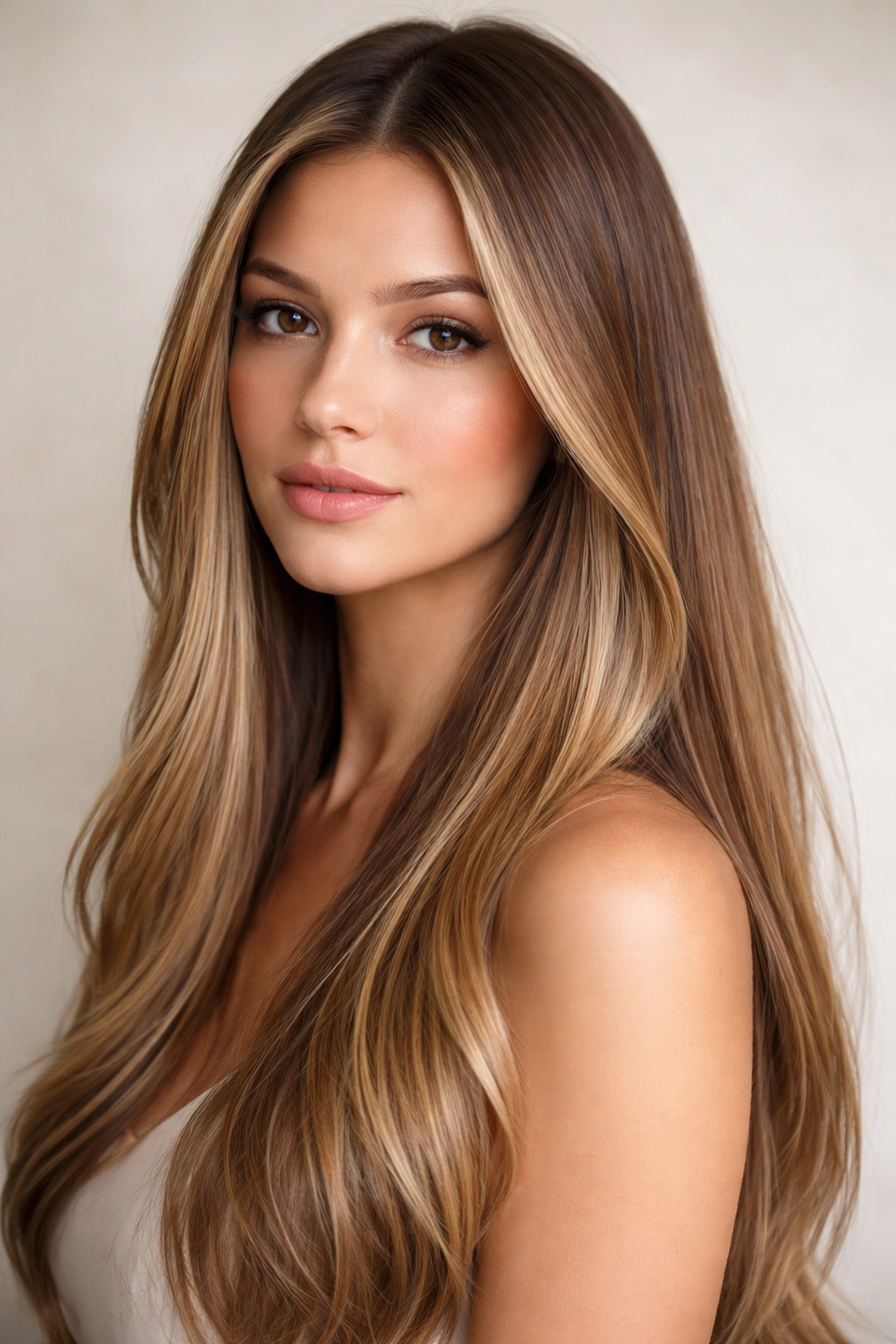 Straight hair with bronde color blending brown and blonde tones