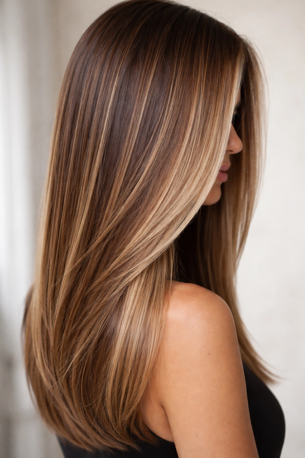 Close-up of straight bronde hair with brown base and blonde highlights.