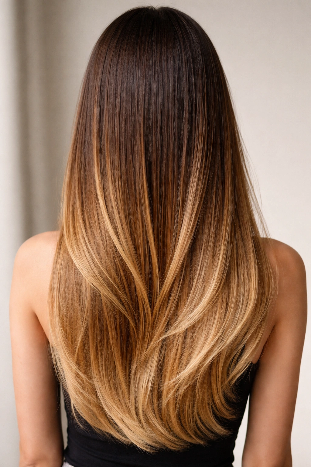 Straight hair with dark roots transitioning to caramel and honey blonde ends