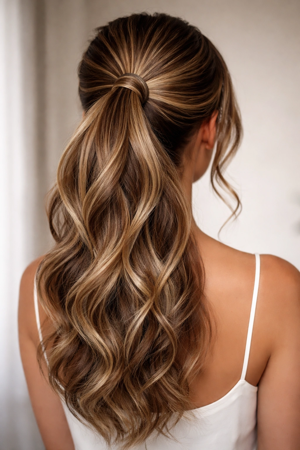 Ponytail with bronde ribbons and hidden dimensions creating depth