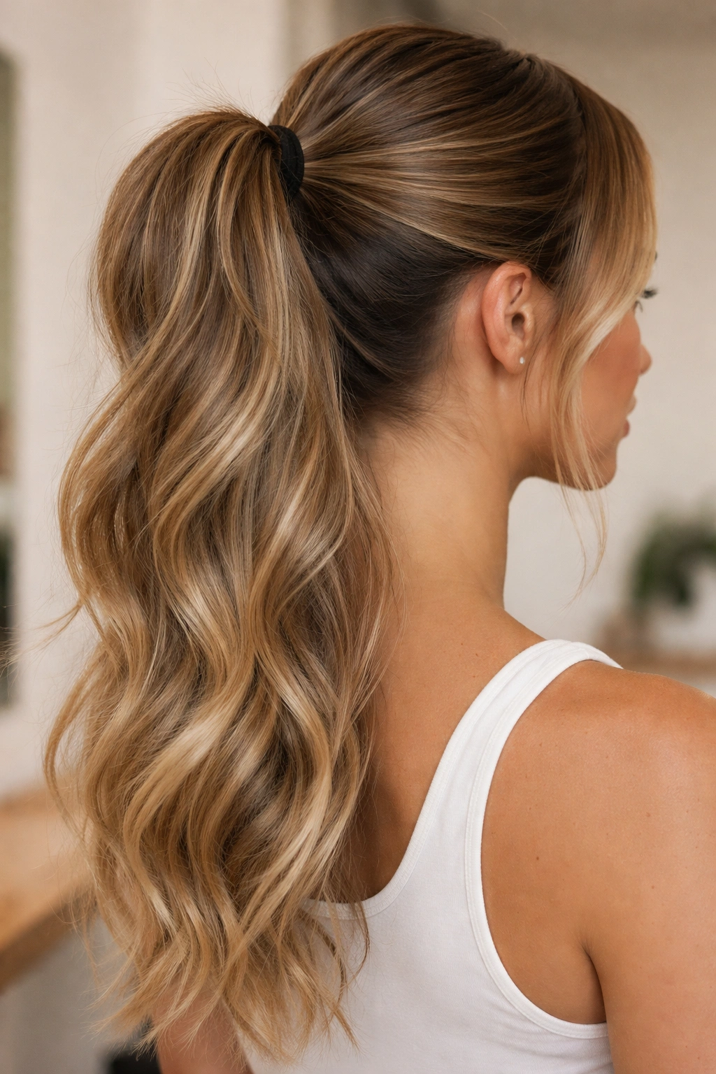 Close-up bronde ponytail with subtle root smudge and lived-in ends