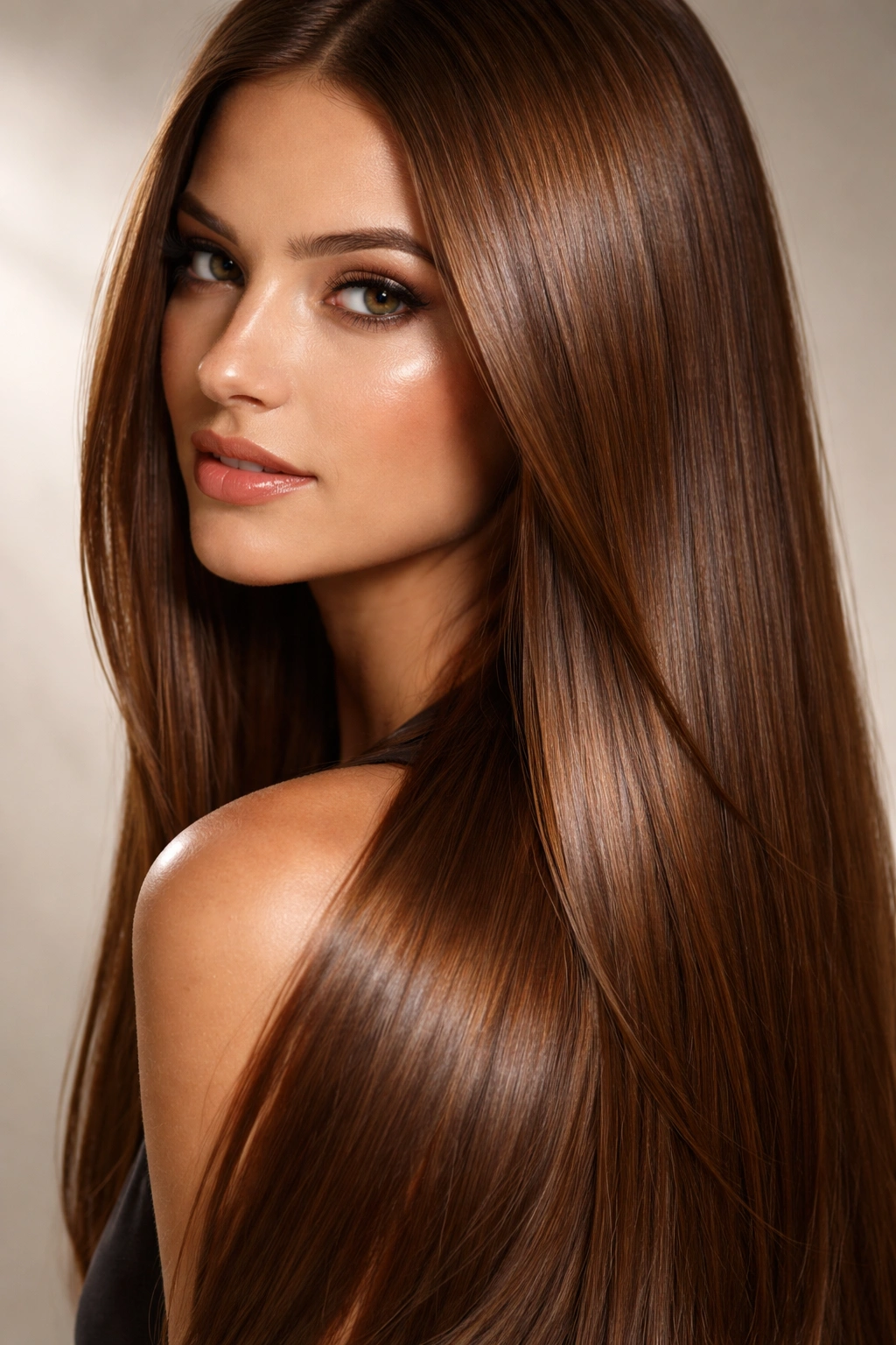 Portrait of straight hair in Bronze Brown with bronze copper undertones