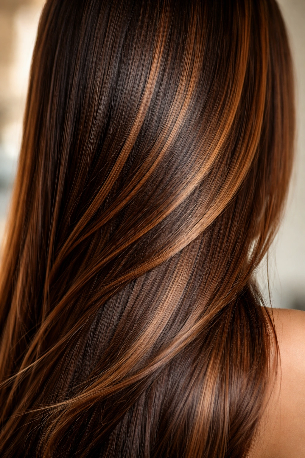 Close-up of straight hair with dimensional bronze and chocolate highlights.