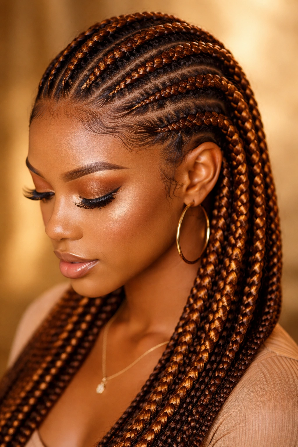Close-up of bronze metallic feed-in cornrows catching light