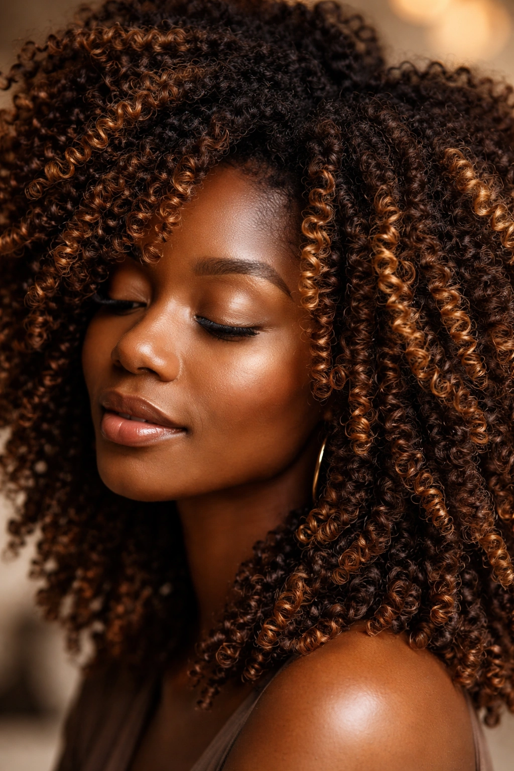 Coily hair with bronze shimmer and reflective highlights