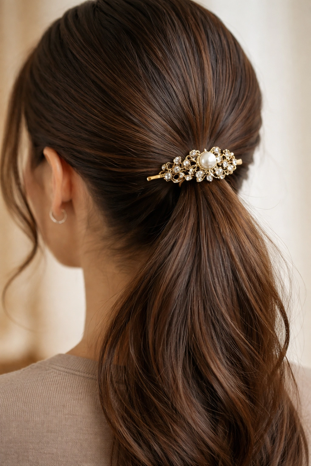 Ponytail secured with a decorative brooch pin at the base