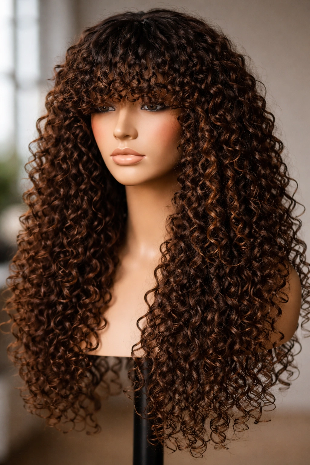 Brow-skimming bangs with tight coils on curly long hair