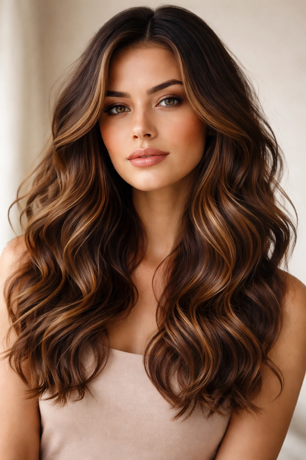 Brunette waves with caramel balayage catching light.