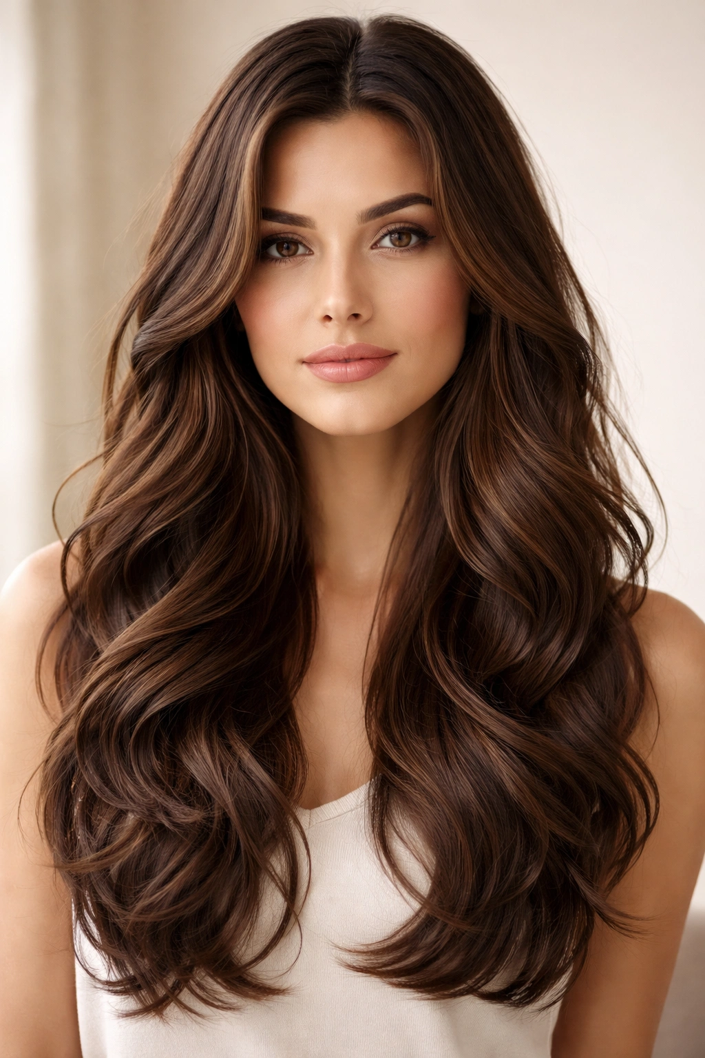 Portrait of a person with long wavy layered brunette hair in a studio setting, no text