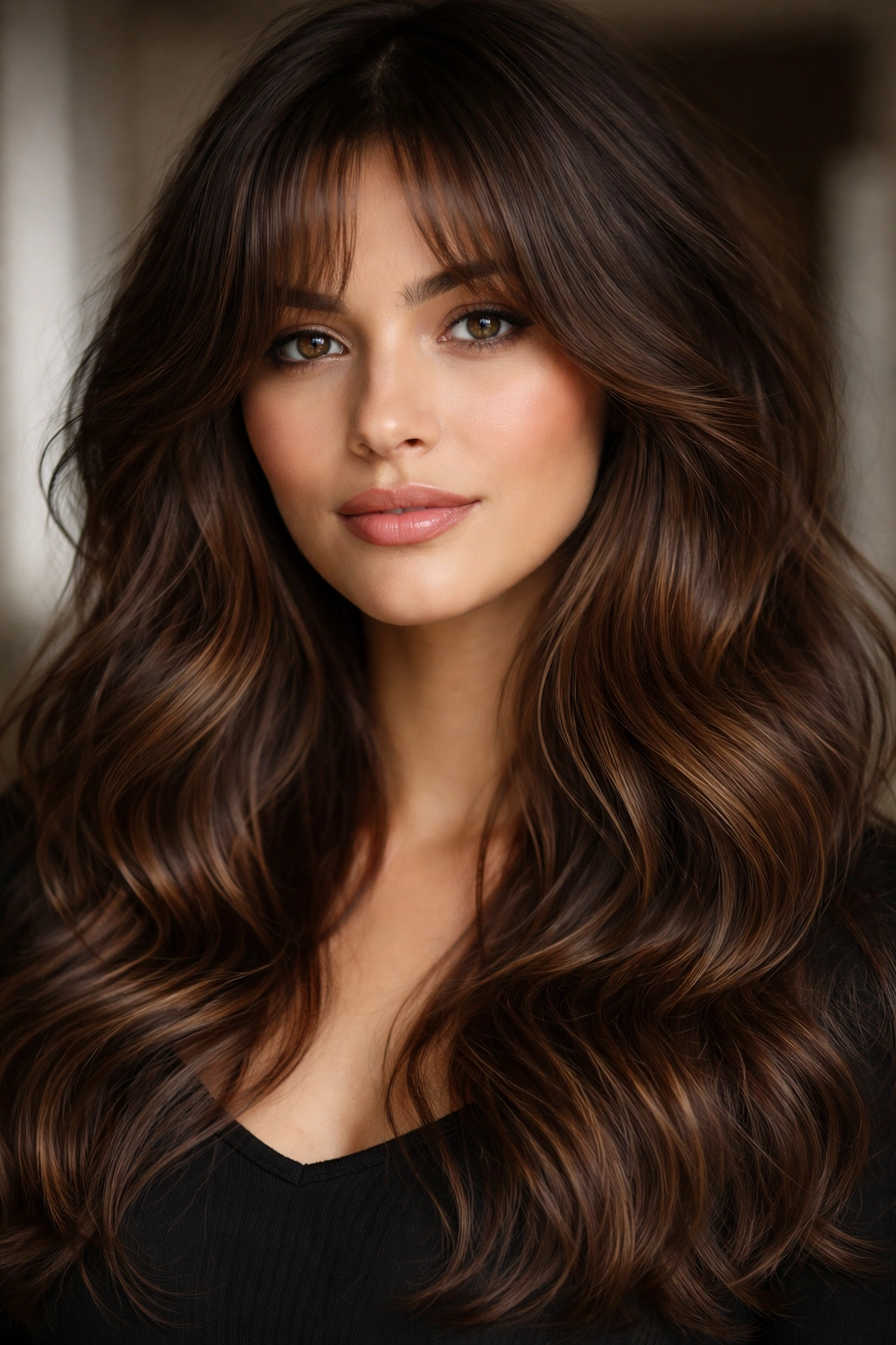 Wavy brunette hair with subtle highlights and curtain bangs