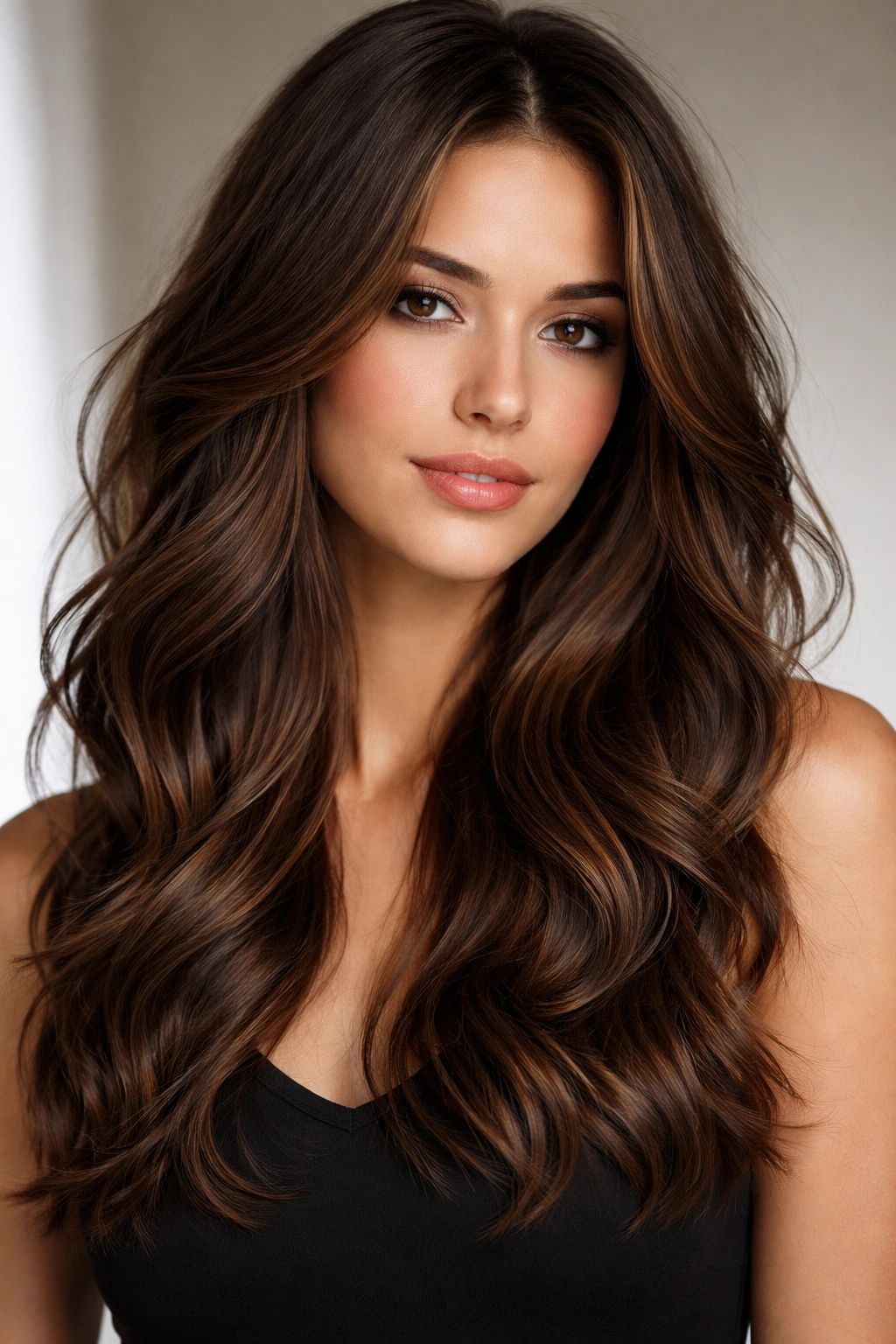 Brunette long layered lob with cascading waves