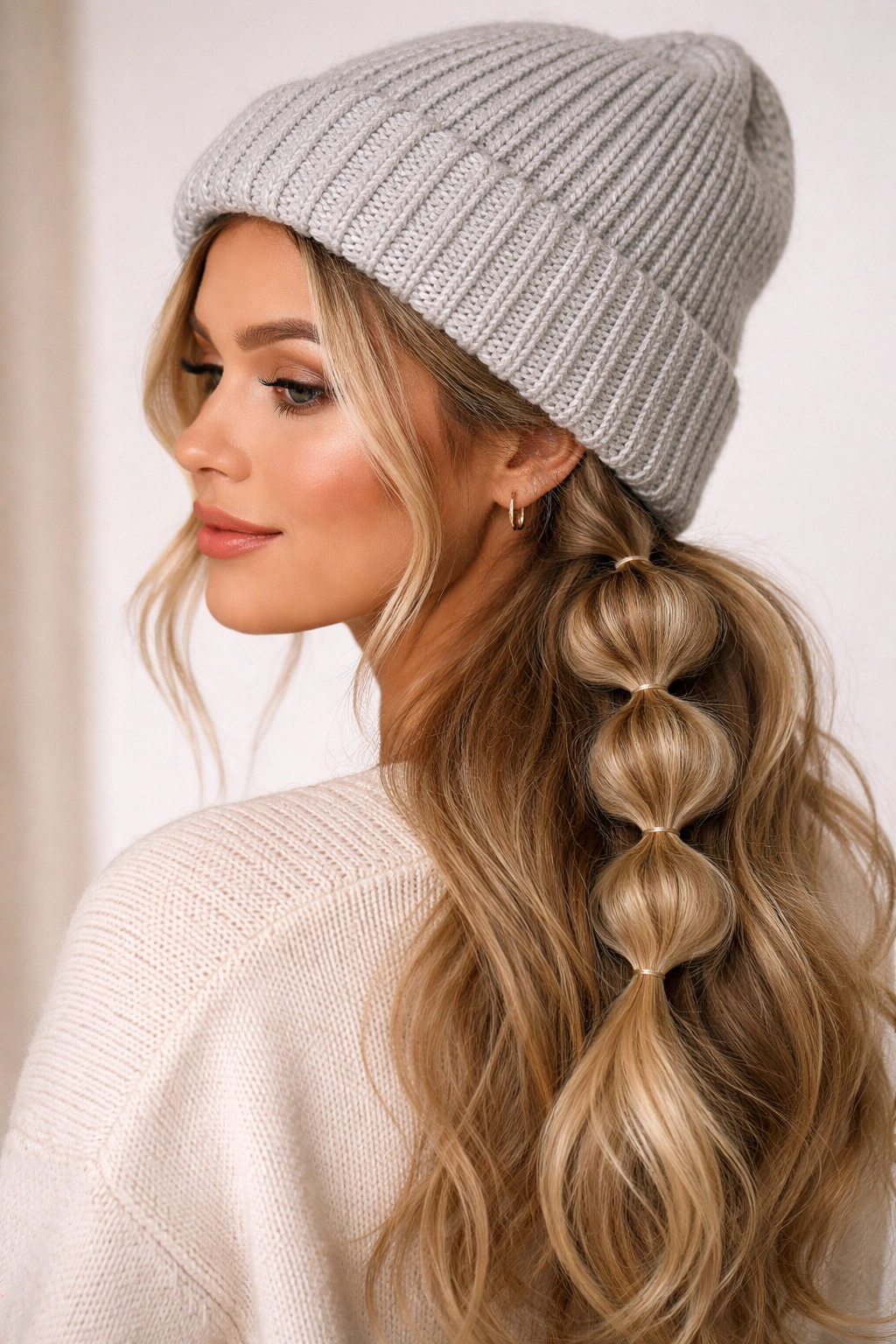 Head-and-shoulders with bubble braid half-up under a knitted beanie