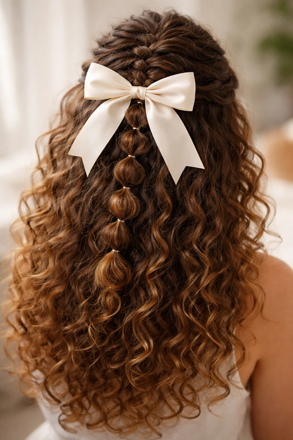 Close-up of bubble braid with bow on curly hair