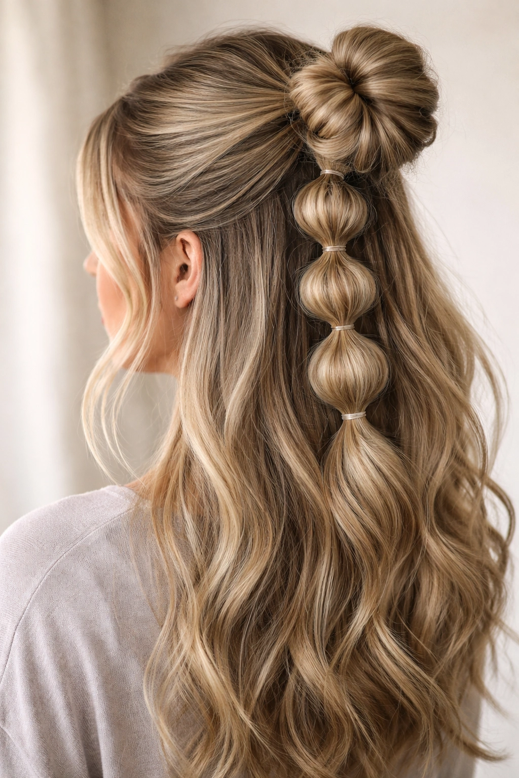 Close-up of bubble braid half-up bun with vertical bubble sections and bun