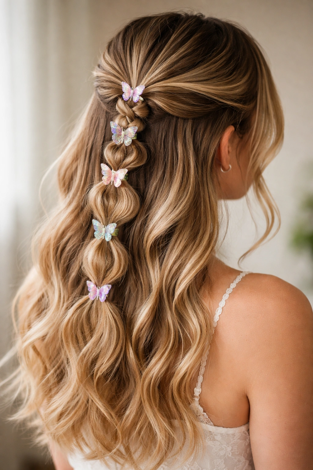 Bubble braid hairstyle with butterfly clips at bubble intersections