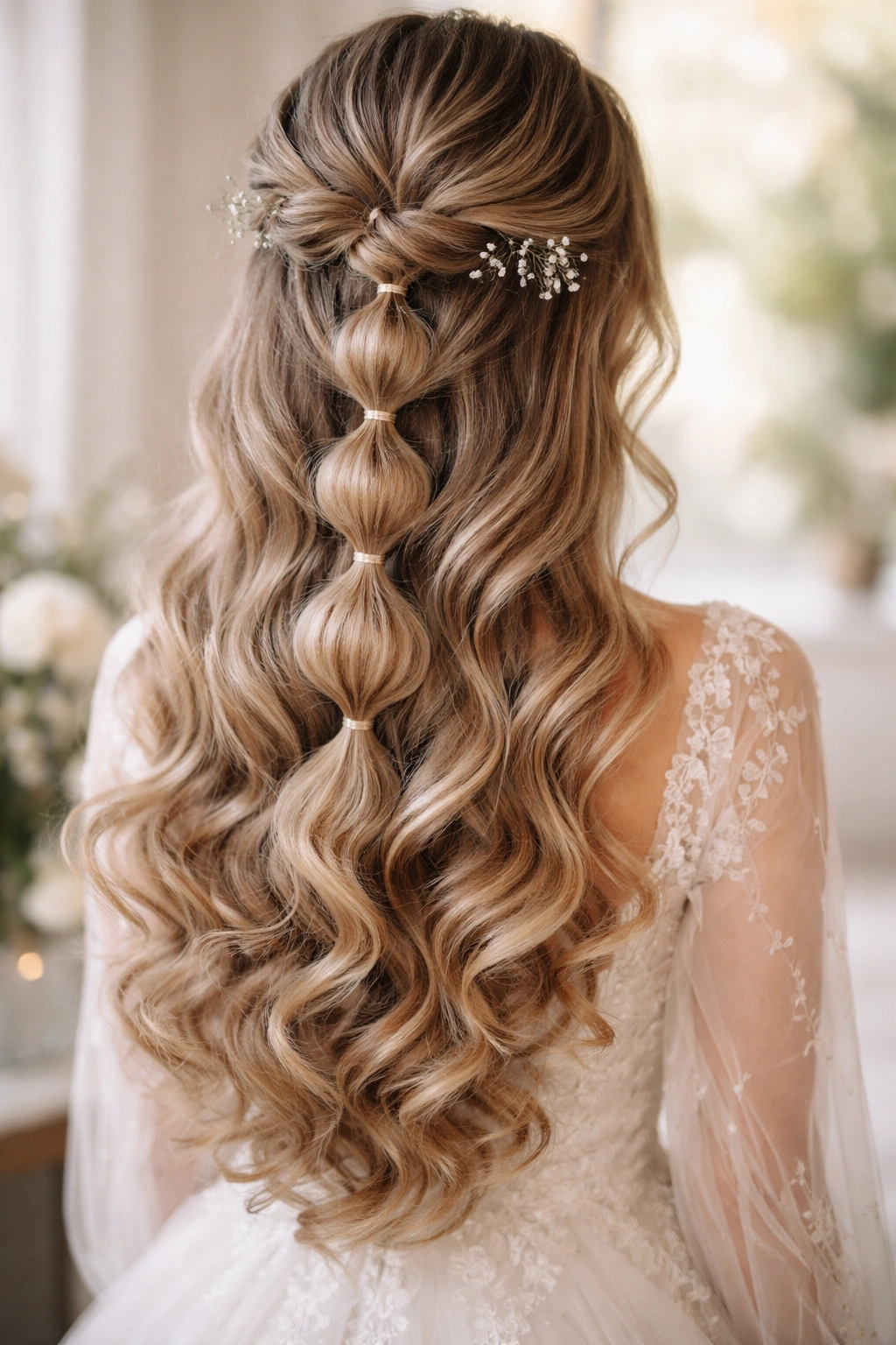 Cascading bubble braid flowing into defined curls down the back