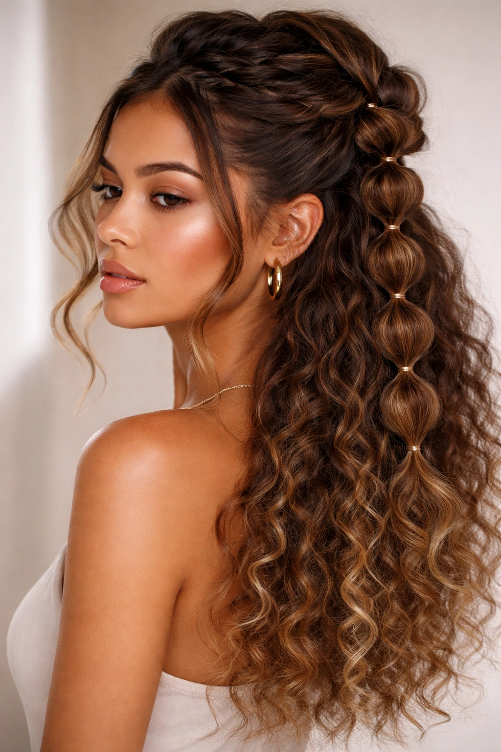 Bubble braid with an upper bubble braid and lower curled and crimped ends