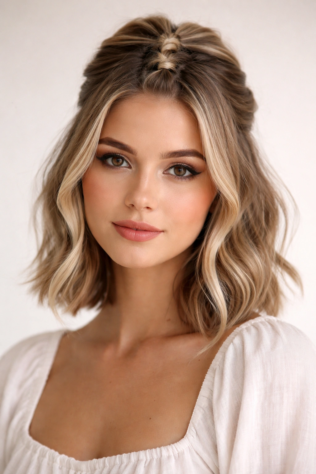 Bubble half-up with loose face-framing pieces on short hair