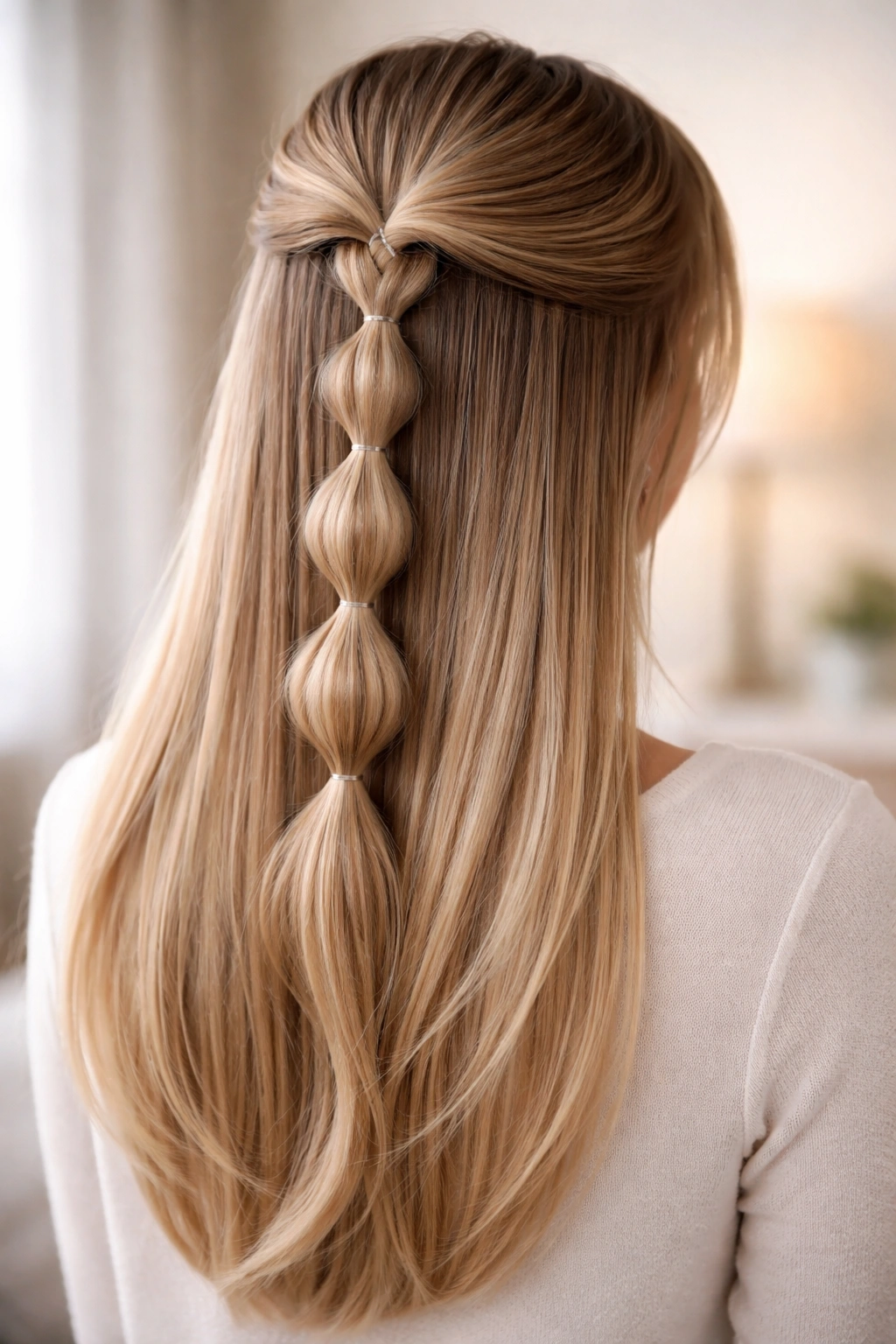 Bubble braid half-up hairstyle with multiple bubble sections