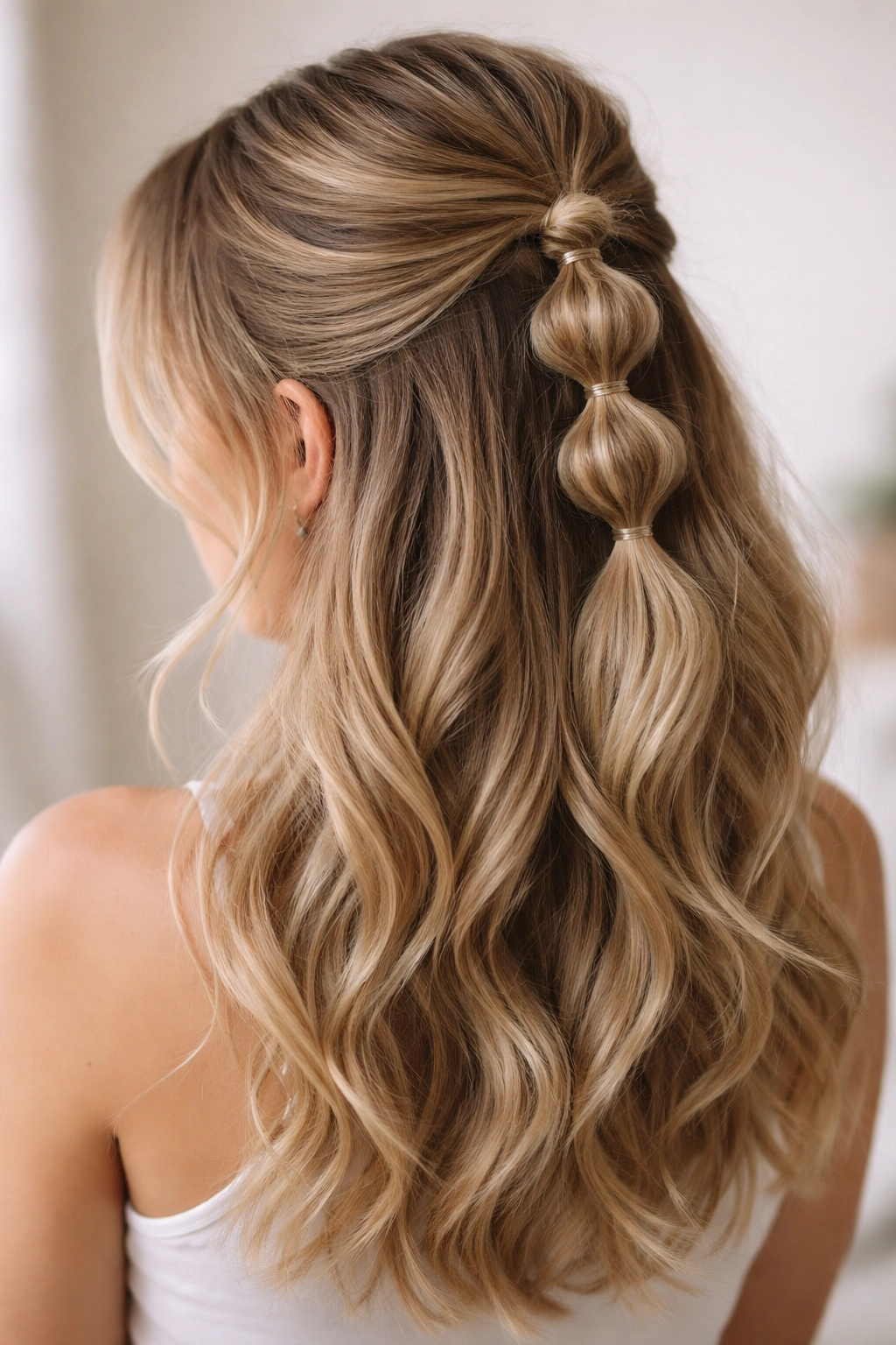 Bubble braid half up with stacked bubbles and loose waves