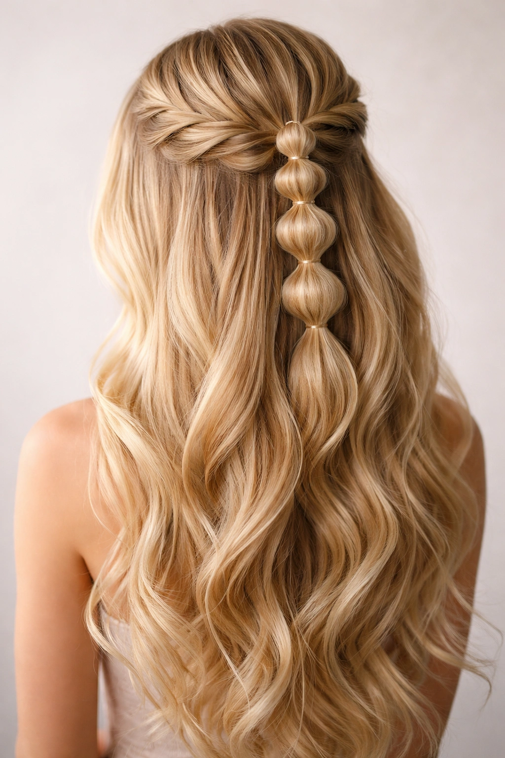 Crown of blonde hair with bubble braids in graduated sizes forming a bubble half-up