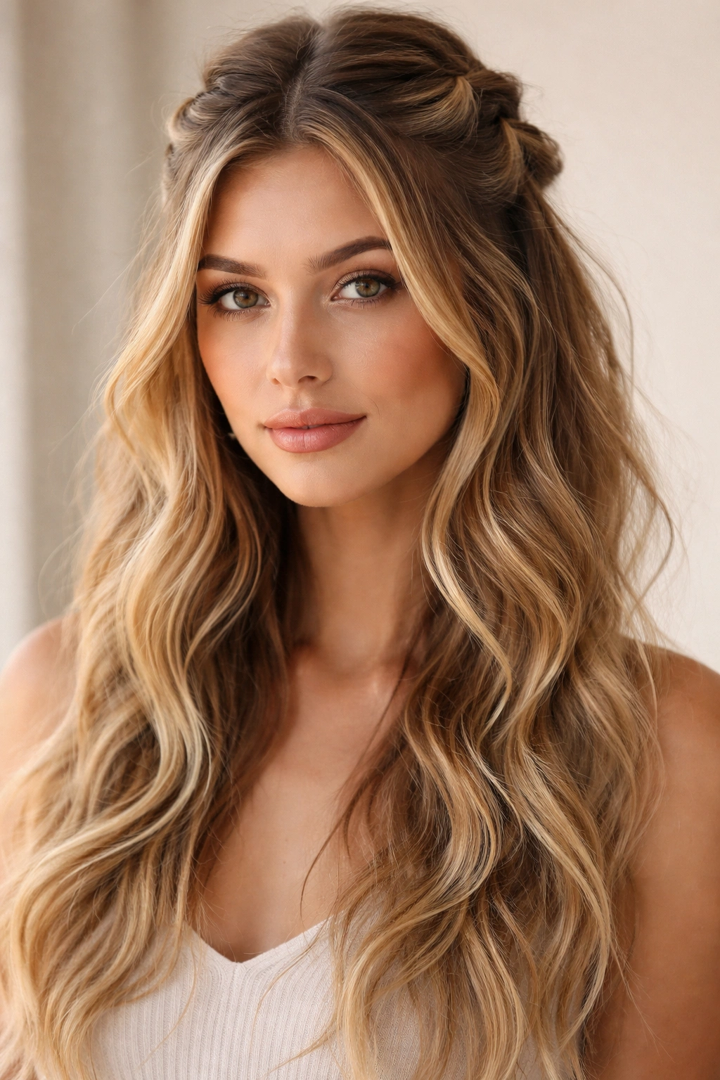 Bubble braids along half-up with puffed sections and rest of hair down