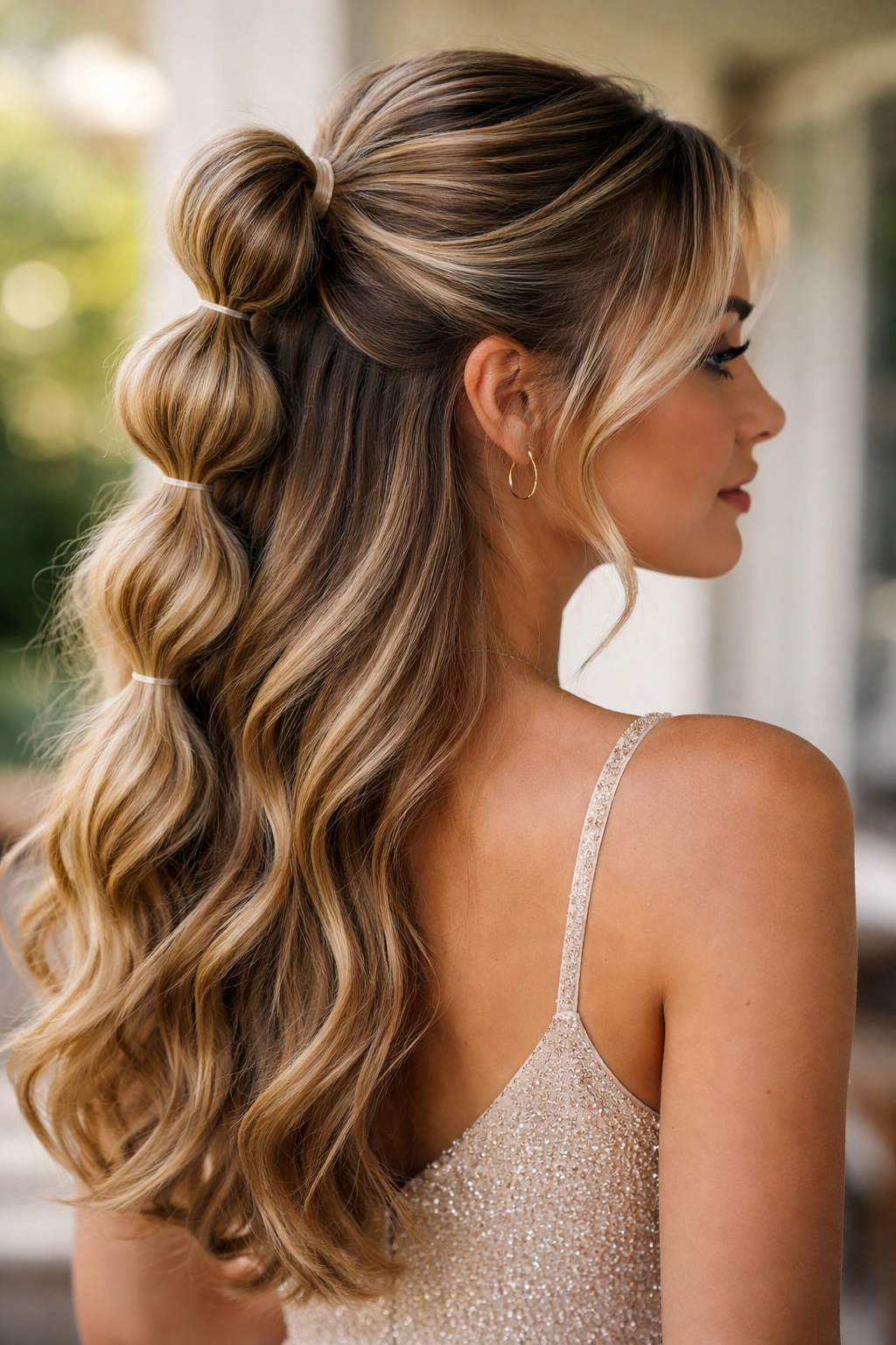 Bubble braid half up showing stacked bubble segments along the half-up ponytail