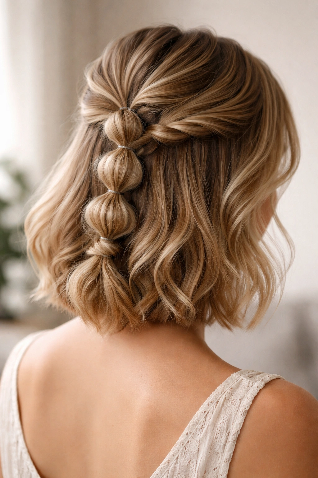 Bubble braid half-up with a loose knot at the nape showing braid texture