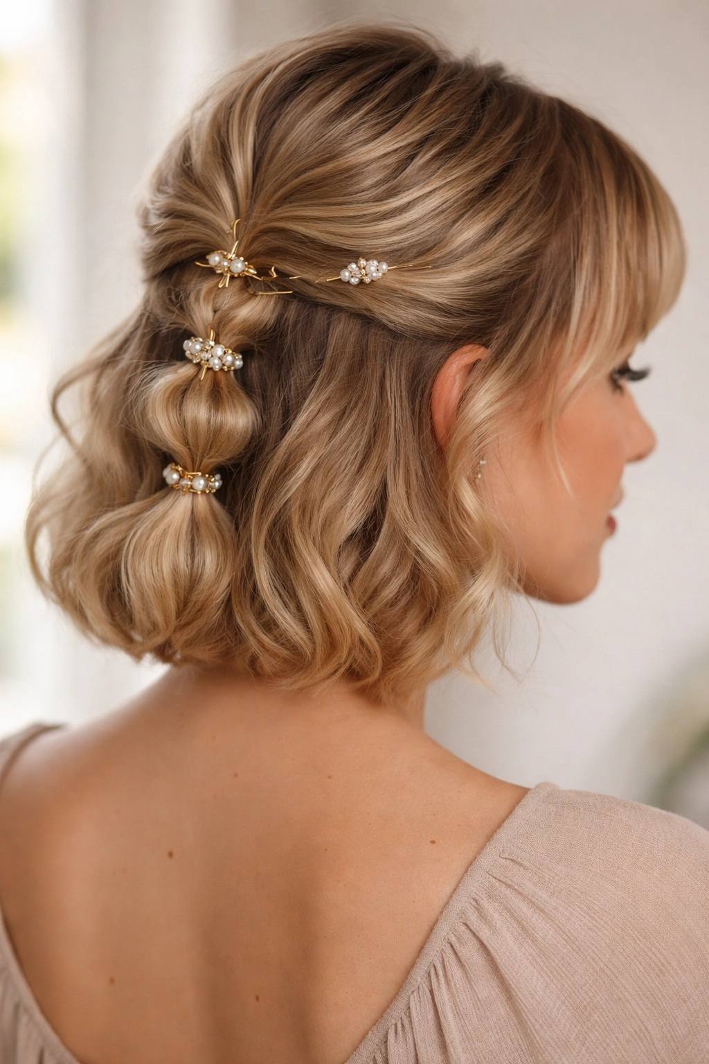 Bubble braid half-up secured with decorative pins along the braid